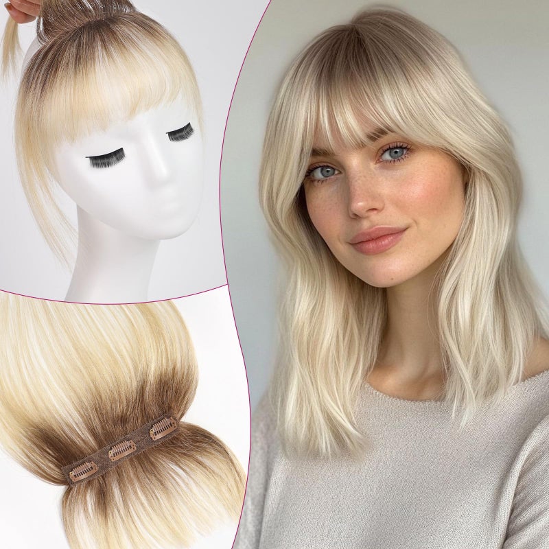 EMMOR Clip in Bangs 100 Human Hair Bangs with 3 Nonslip Clips 360Cover Top HairPieces with 5 inch Wispy Fringes for enhancing Womens Facial FeaturesOmbre Light Blonde